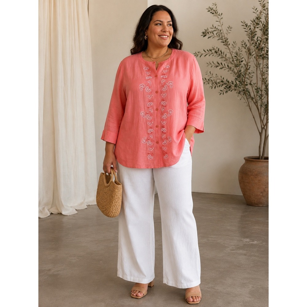 Coral Pink Linen Embroidered Floral Tunic Top 16W Coastal Cottagecore European